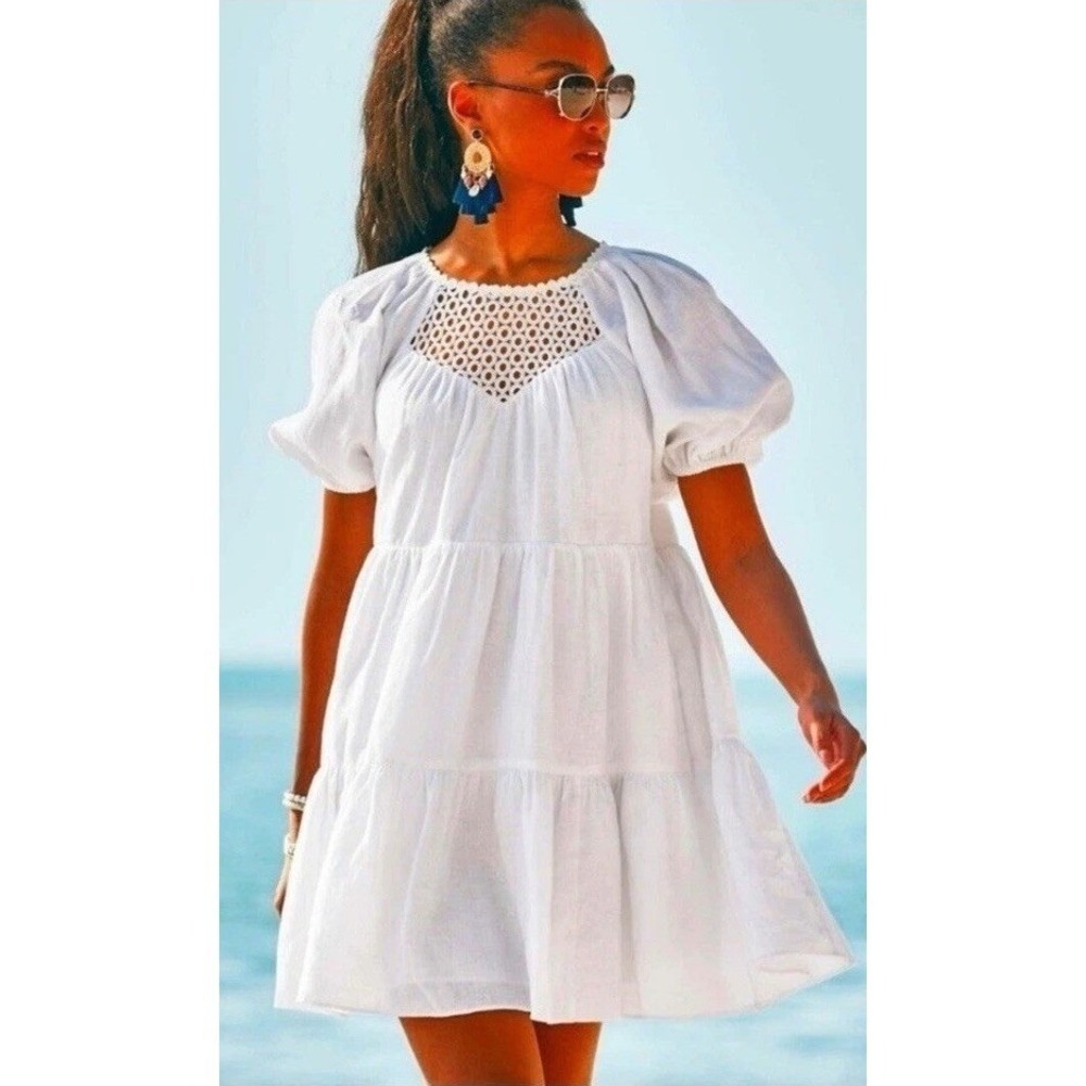 Lilly Pulitzer Mini‎ Dress Charlet Resort White Linen Tiered Size 8 Cottage Boho